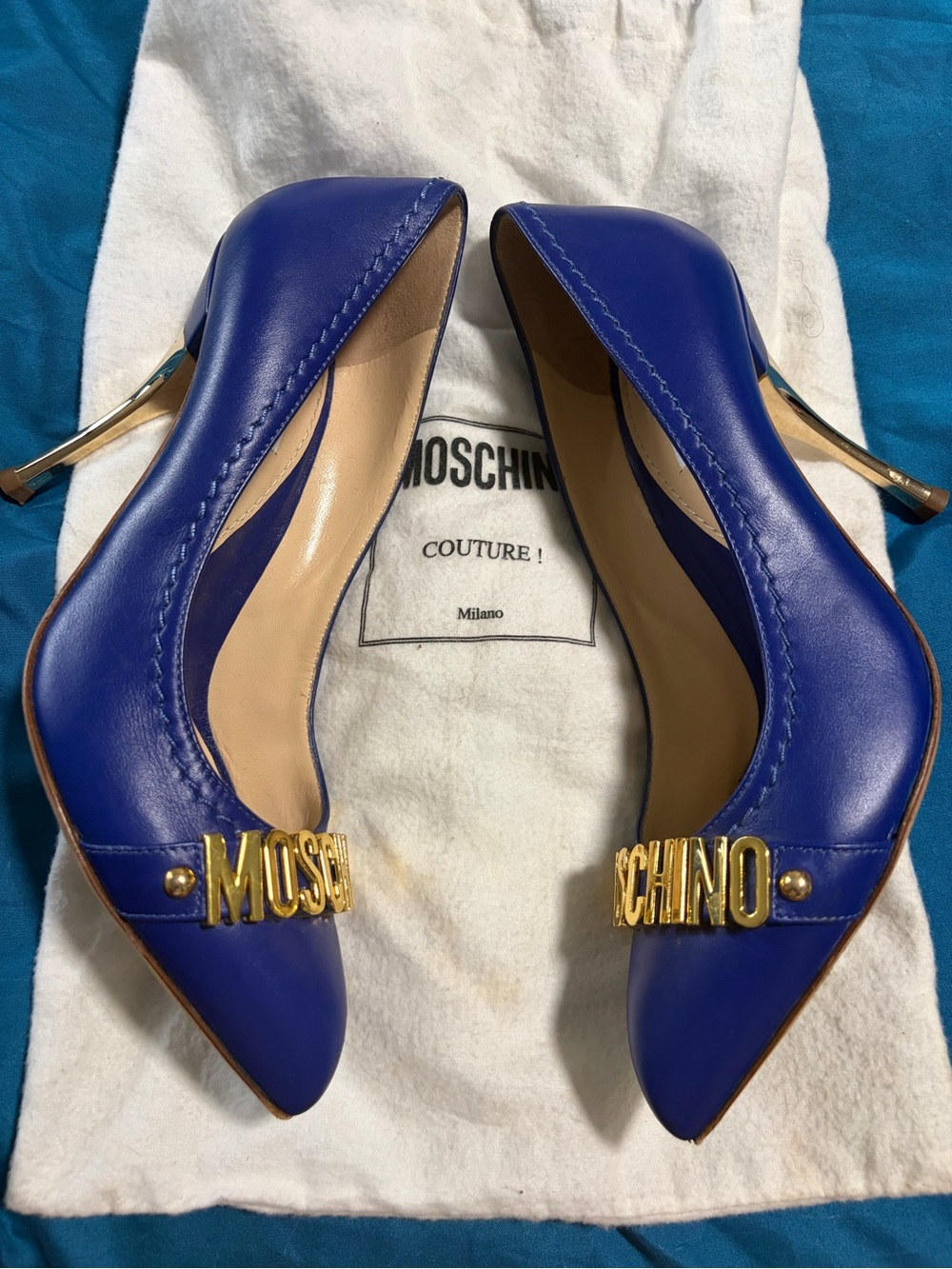 Moschino Cobalt Pointed Toe Pumps with Gold MOSCHINO Logo - Picture 3 of 7